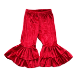 VELVET RUFFLE FLARE PANTS - RED