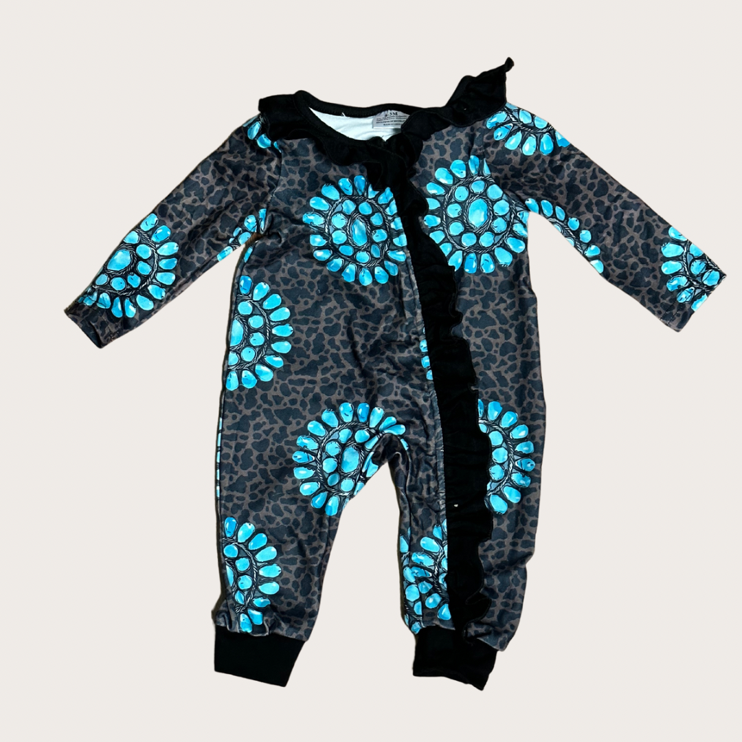 TURQUOISE AND DARK CHEETAH ZIPPY baby girl clothes Kidscharm Size: 0-3 months